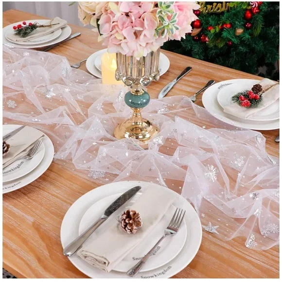 Snowflake Runner Silver 120 Inch Sheer Chiffon Gauze Runner, Winter Decoration - Picture 9 of 14